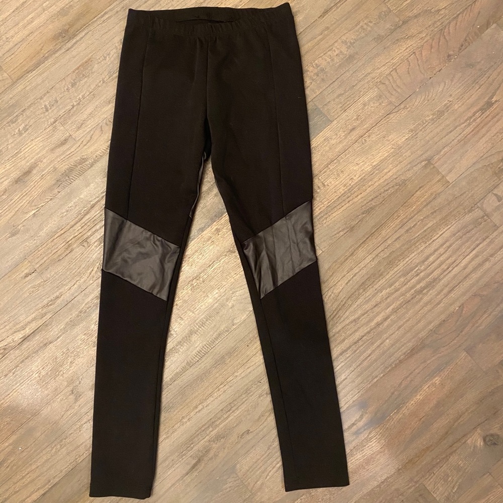Black Leggings with Leather Strips Small